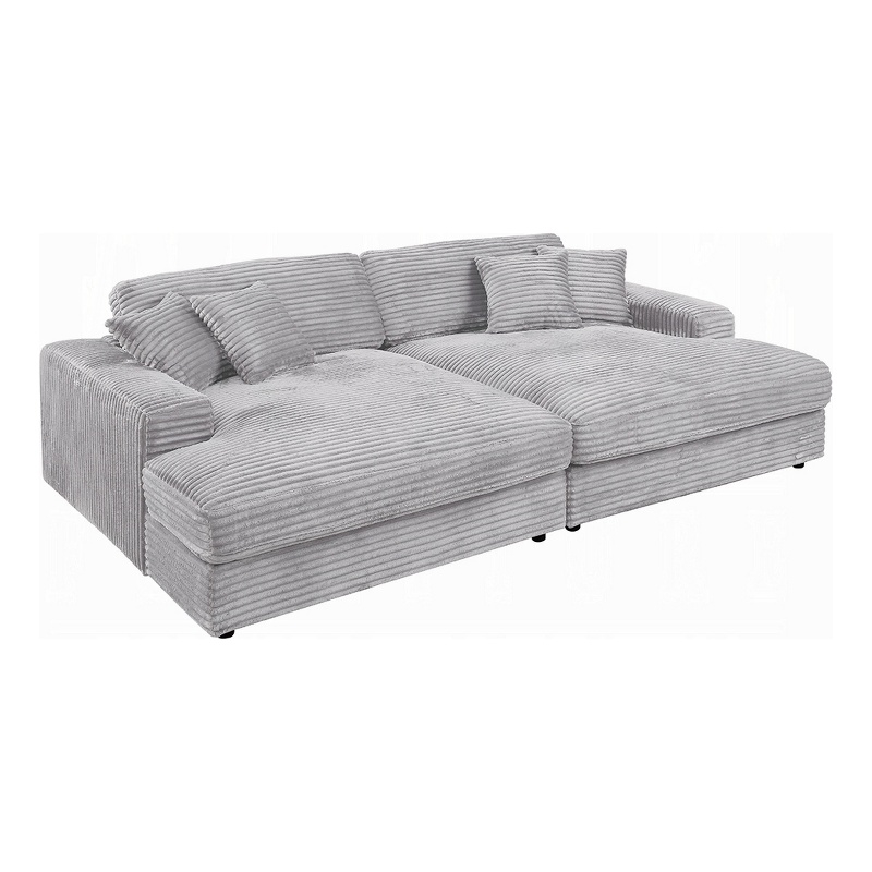 Benjara Liny 2pc Sectional Sofa Daybed Set- 4 Throw Pillows- Light Gray Velvet