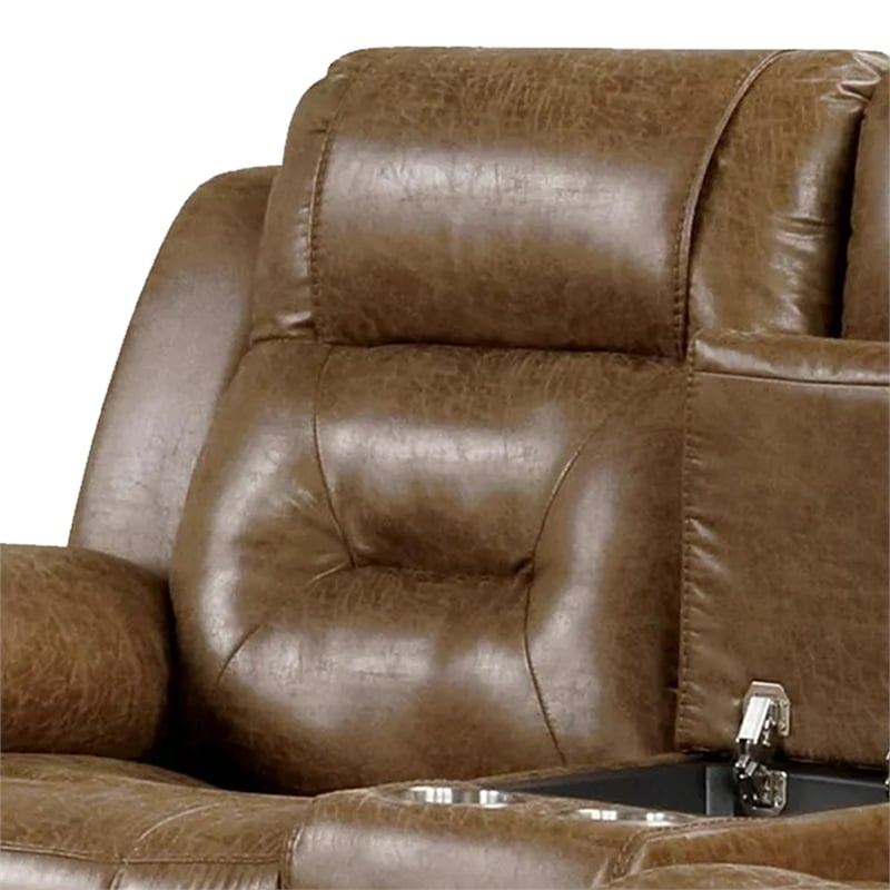 Benjara Kius Manual Recliner Loveseat- Brown Faux Leather- 70