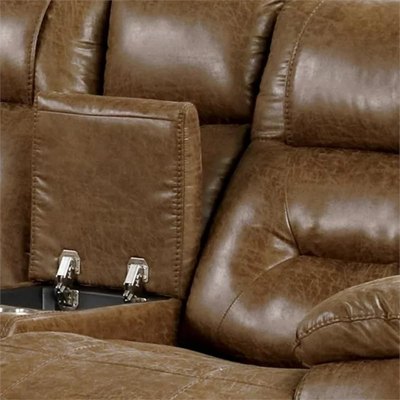 Benjara Kius Manual Recliner Loveseat- Brown Faux Leather- 70