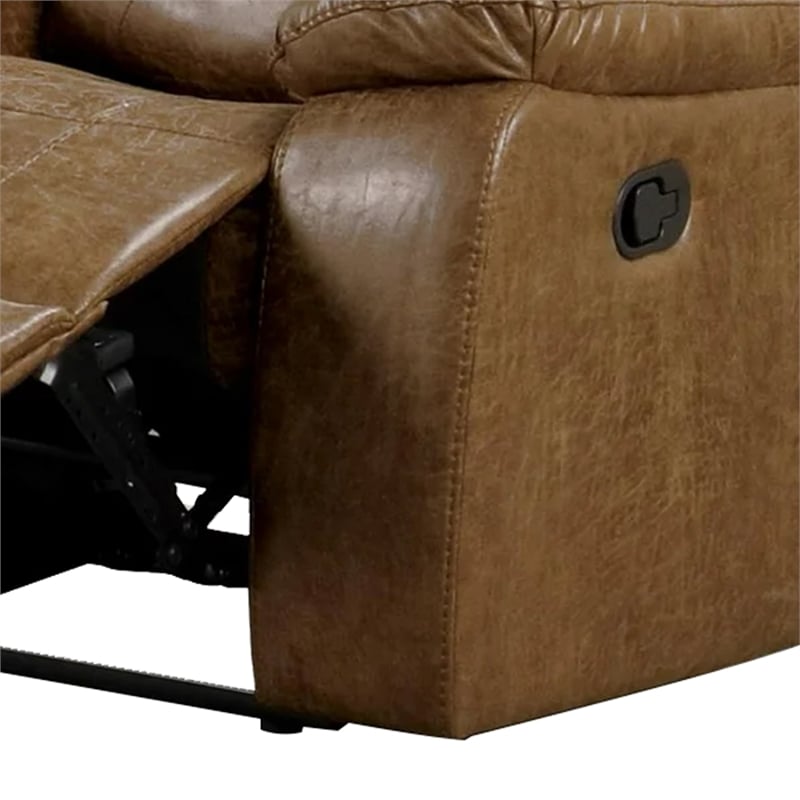 Benjara Kius Manual Recliner Loveseat- Brown Faux Leather- 70