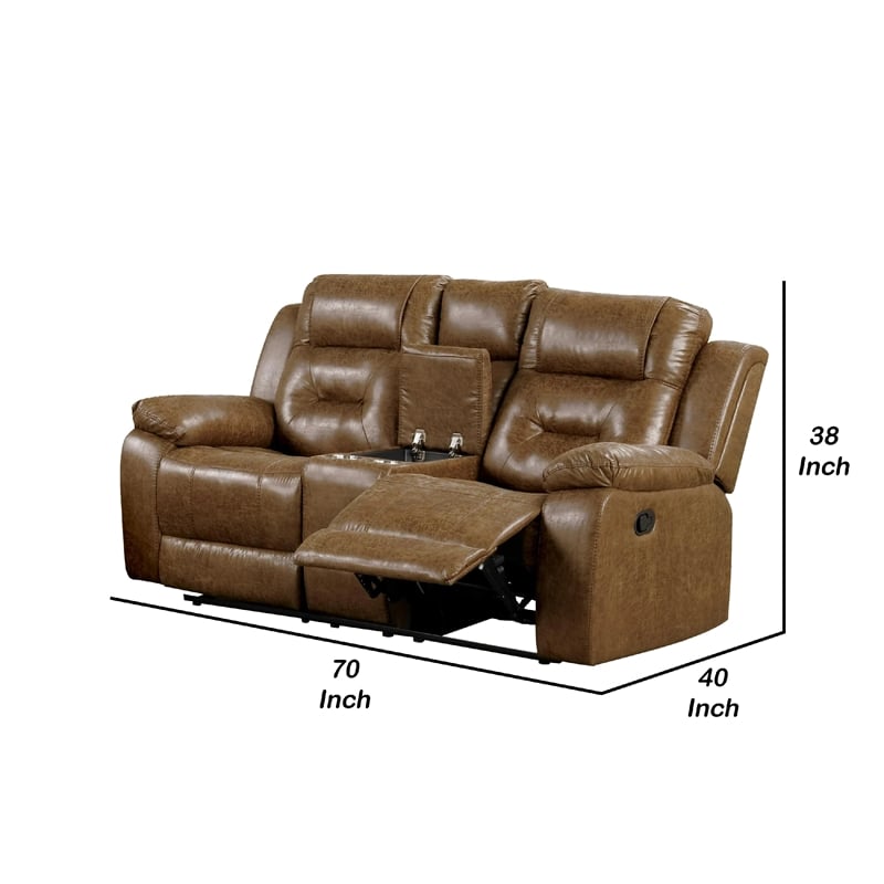 Benjara Kius Manual Recliner Loveseat- Brown Faux Leather- 70