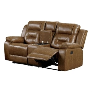 Benjara Kius Manual Recliner Loveseat- Brown Faux Leather- 70&quot w Cupholders