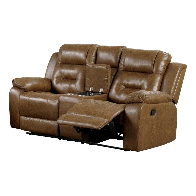 Benjara Kius Manual Recliner Loveseat- Brown Faux Leather- 70