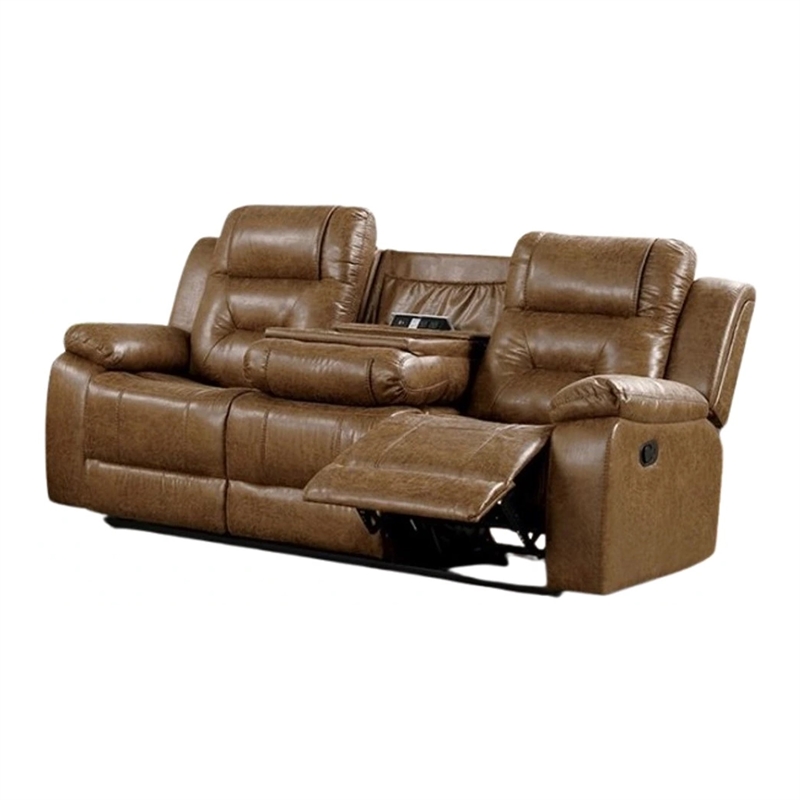 Benjara Kius Manual Recliner Sofa- Brown Faux Leather- 82 Inch- USB Chargers