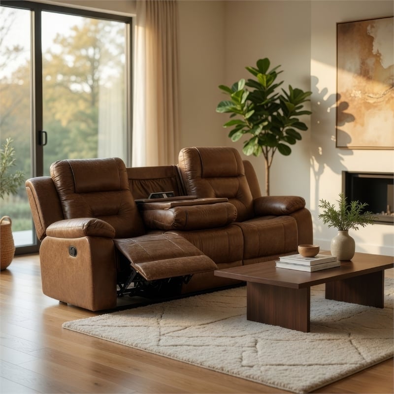 Benjara Kius Manual Recliner Sofa- Brown Faux Leather- 82 Inch- USB Chargers