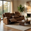 Benjara Kius Manual Recliner Sofa- Brown Faux Leather- 82 Inch- USB Chargers