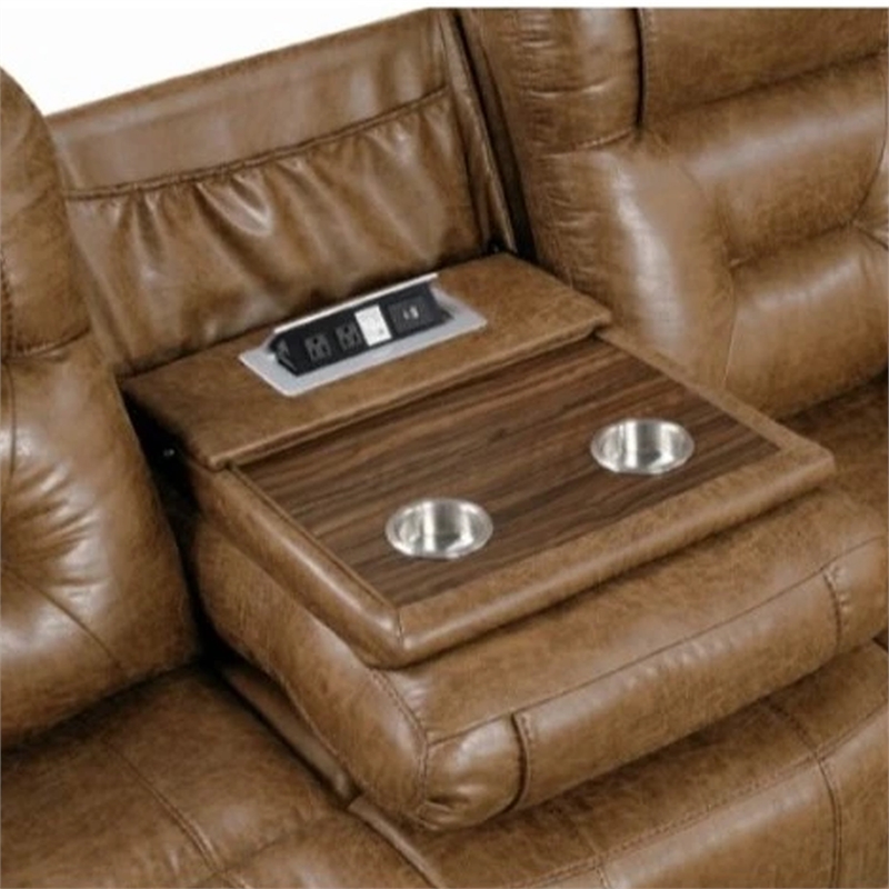 Benjara Kius Manual Recliner Sofa- Brown Faux Leather- 82 Inch- USB Chargers