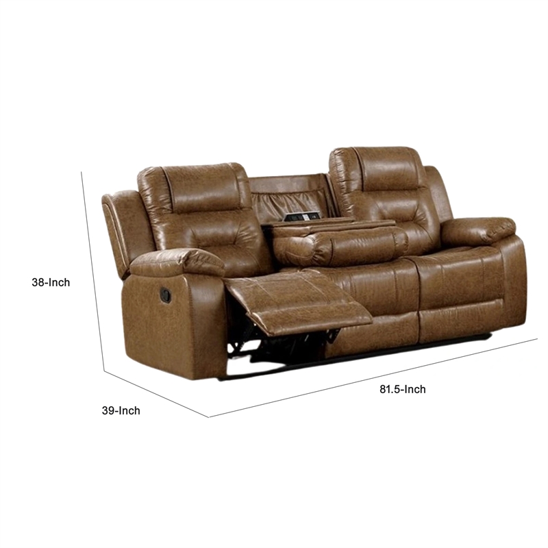 Benjara Kius Manual Recliner Sofa- Brown Faux Leather- 82 Inch- USB Chargers