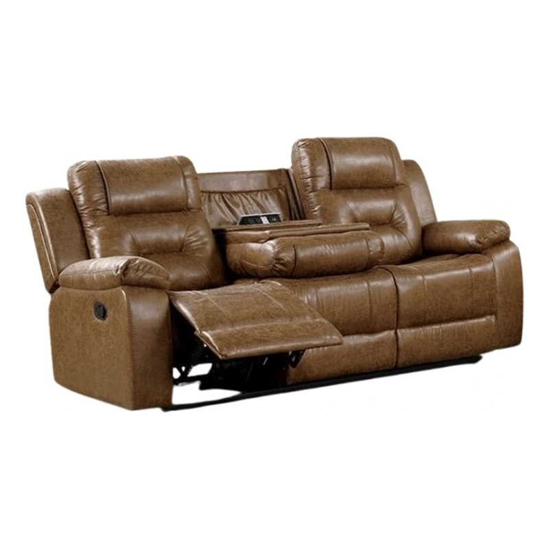 Benjara Kius Manual Recliner Sofa- Brown Faux Leather- 82 Inch- USB Chargers