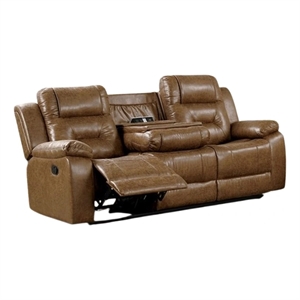 Benjara Kius Manual Recliner Sofa- Brown Faux Leather- 82 Inch- USB Chargers