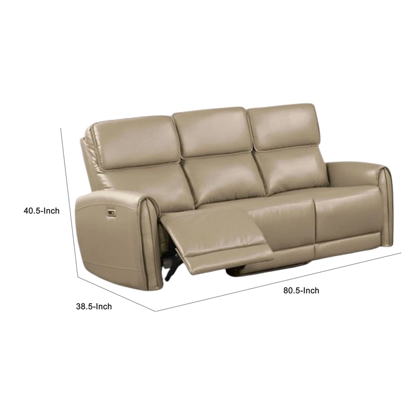 Benjara Sily Power Reclining Sofa- Beige Faux Leather- 81 Inch- USB Ports