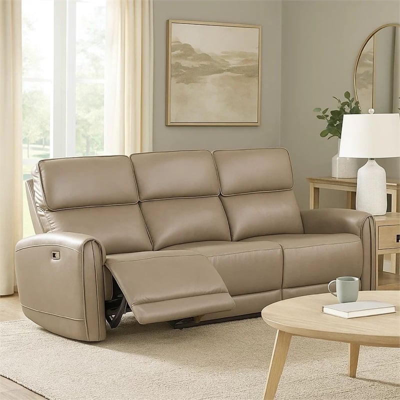 Benjara Sily Power Reclining Sofa- Beige Faux Leather- 81 Inch- USB Ports