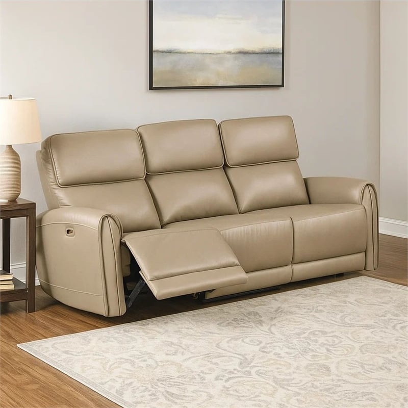 Benjara Sily Power Reclining Sofa- Beige Faux Leather- 81 Inch- USB Ports