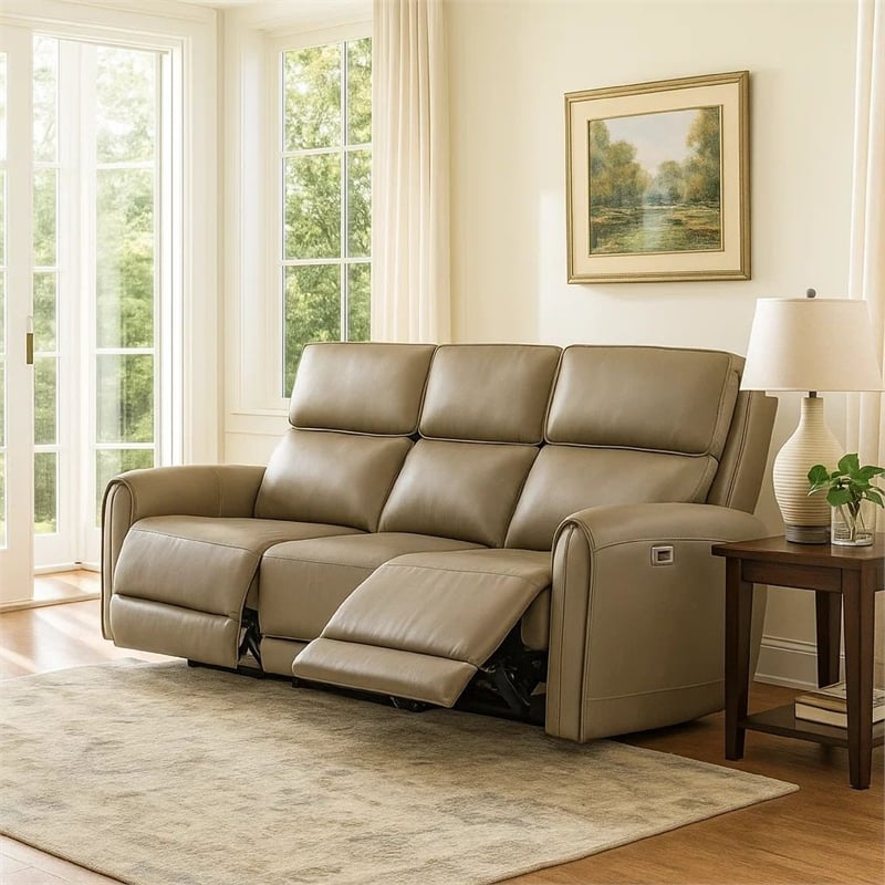 Benjara Sily Power Reclining Sofa- Beige Faux Leather- 81 Inch- USB Ports