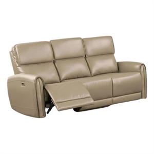 Benjara Sily Power Reclining Sofa- Beige Faux Leather- 81 Inch- USB Ports