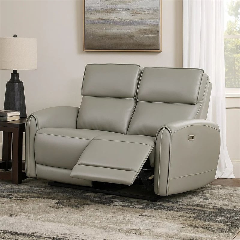 Benjara Sily Power Reclining Loveseat- Gray Faux Leather- 57 Inch- USB Ports