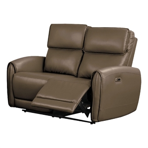 Benjara Sily Power Reclining Loveseat- Light Brown Faux Leather- 57 Inch- USB