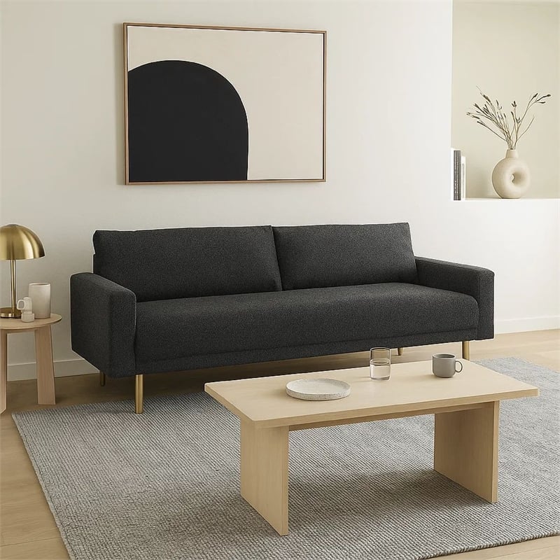 Benjara Remy Sofa- Black Boucle- Bench Style Seat with Track Arms- 83 Inch