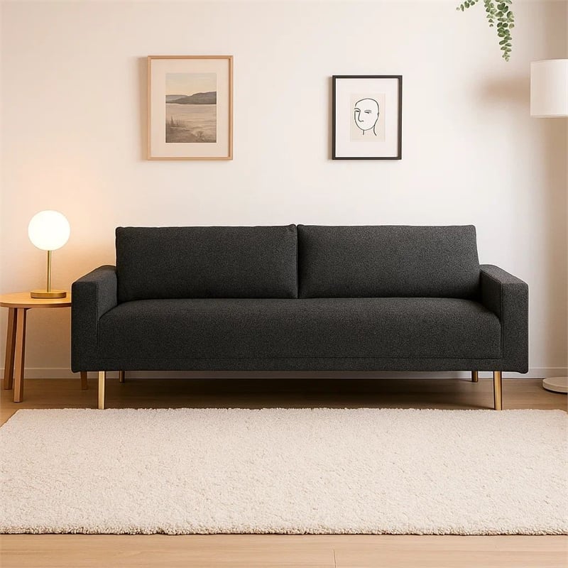 Benjara Remy Sofa- Black Boucle- Bench Style Seat with Track Arms- 83 Inch