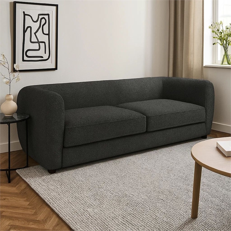 Benjara Dly Retro Sofa- Black Boucle Seat- Welt Trims- 87 Inch- Tuxedo Style