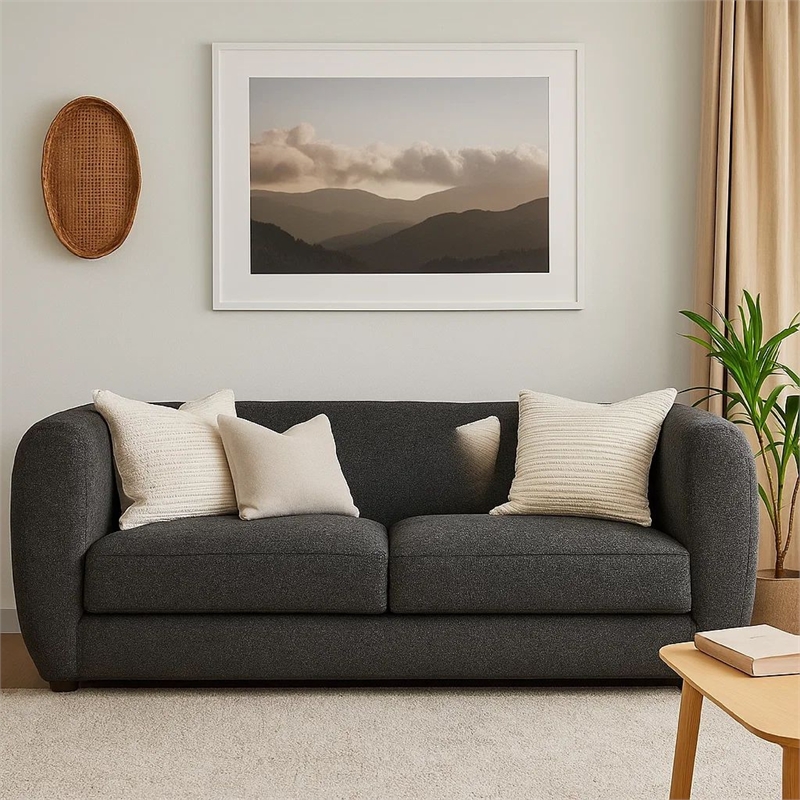 Benjara Dly Retro Sofa- Black Boucle Seat- Welt Trims- 87 Inch- Tuxedo Style