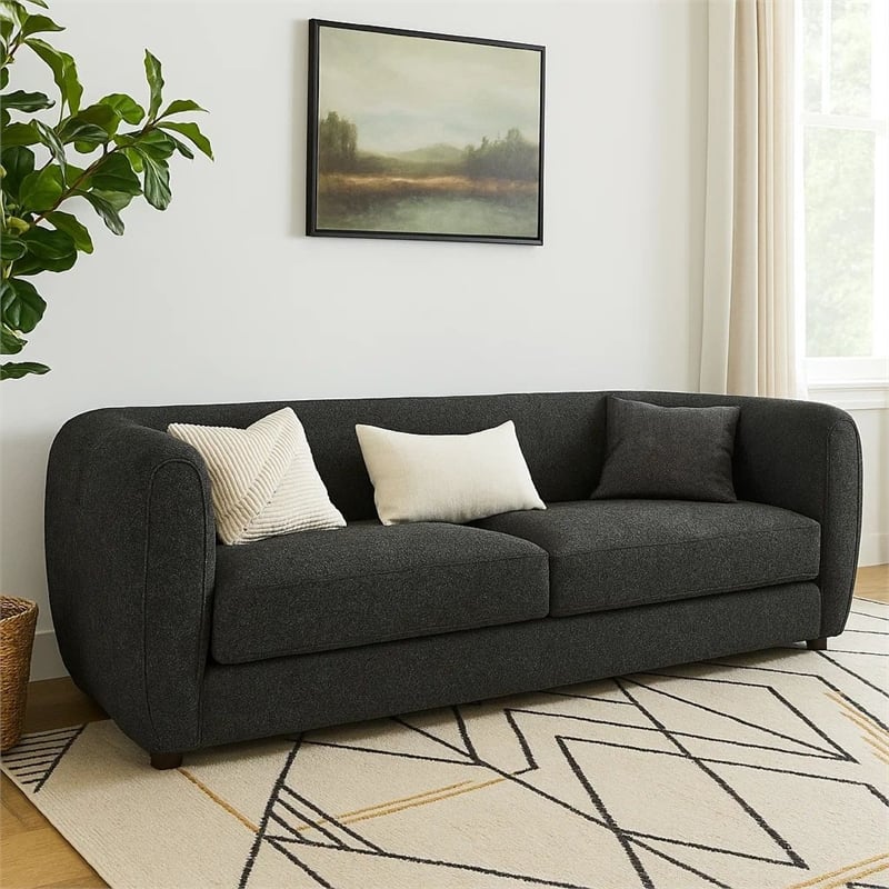 Benjara Dly Retro Sofa- Black Boucle Seat- Welt Trims- 87 Inch- Tuxedo Style