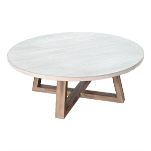 Benjara Dilly Coffee Table- 48&quot Round Light Gray Top- Wheat Brown Solid Wood