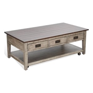 Benjara Camie Coffee Table- 48&quot Top- 3 Drawers- Gray Solid Mahogany