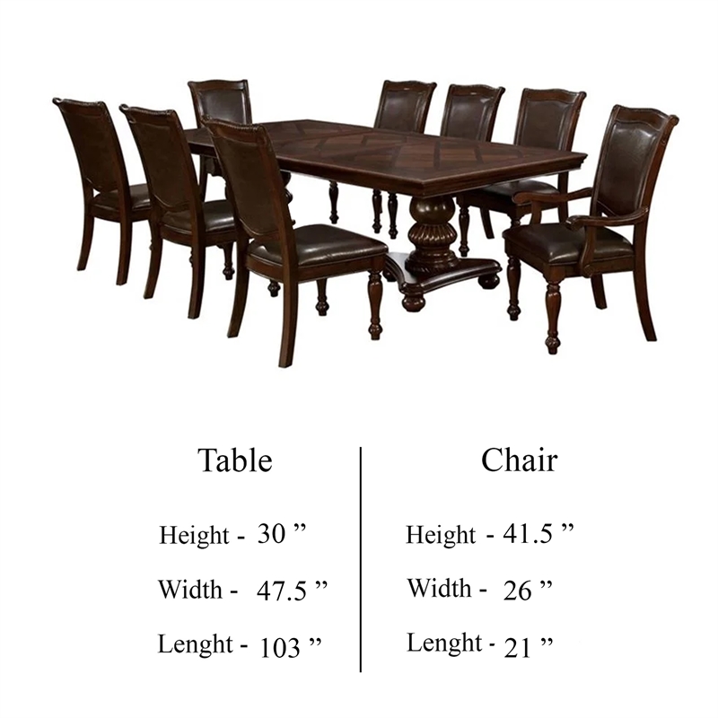 Benjara Ena 7pc Dining Table and Chair Set- Brown Faux Leather- Solid Wood