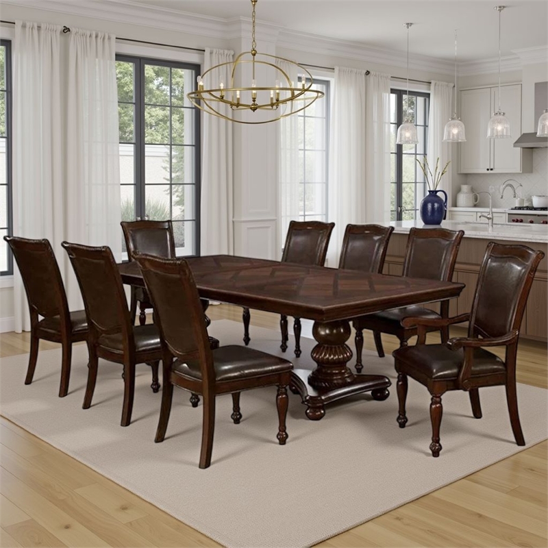 Benjara Ena 7pc Dining Table and Chair Set- Brown Faux Leather- Solid Wood