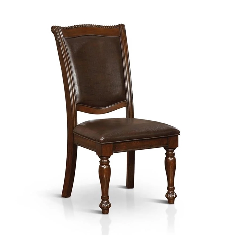 Benjara Ena 7pc Dining Table and Chair Set- Brown Faux Leather- Solid Wood