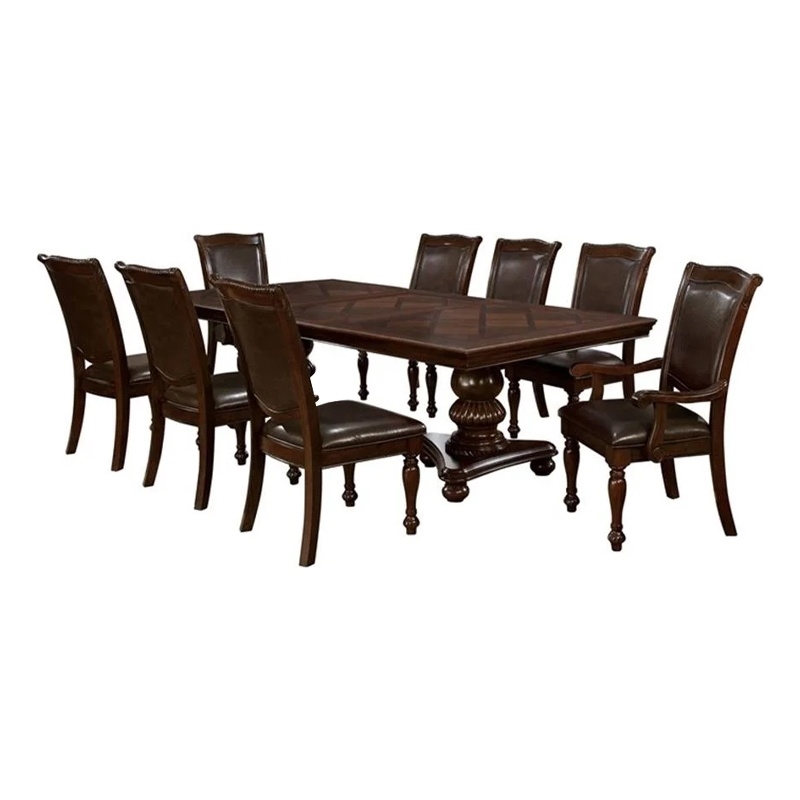 Benjara Ena 9pc Dining Table and Chair Set- Brown Faux Leather- Solid Wood