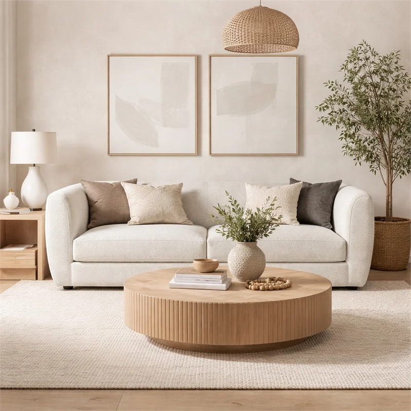 Benjara Dly Sofa- Off White Boucle Seat- Welt Trim- 87