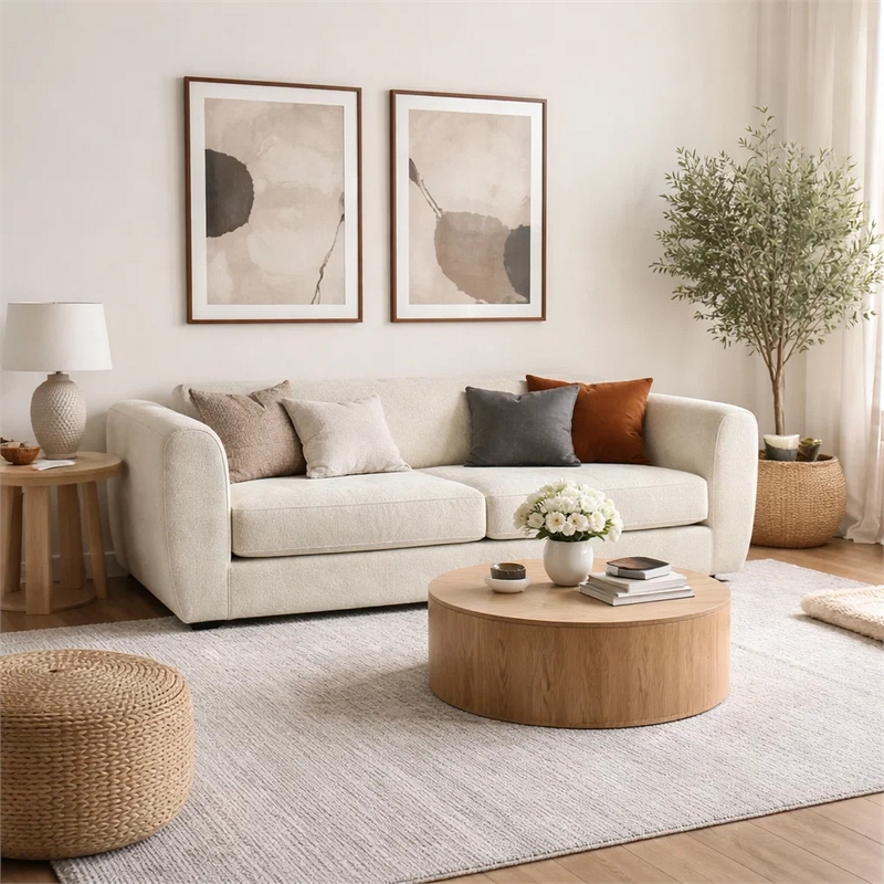 Benjara Dly Sofa- Off White Boucle Seat- Welt Trim- 87