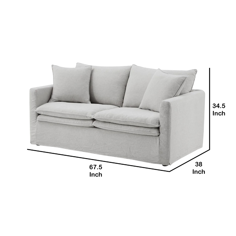 Benjara Rutu Loveseat- 2 Accent Pillows- Light Gray Padded Linen- 68 Inch