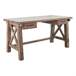 Benjara Anva Writing Desk- 58&quot with Power Plug- Natural Brown Solid Mahogany