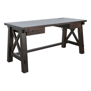 Benjara Anva Writing Desk- 58&quot with Power Plug- Dark Brown Solid Mahogany