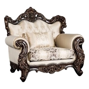 Benjara Puhi Accent Armchair w Lumbar Pillow- Beige Fabric- Ornate Carved Wood