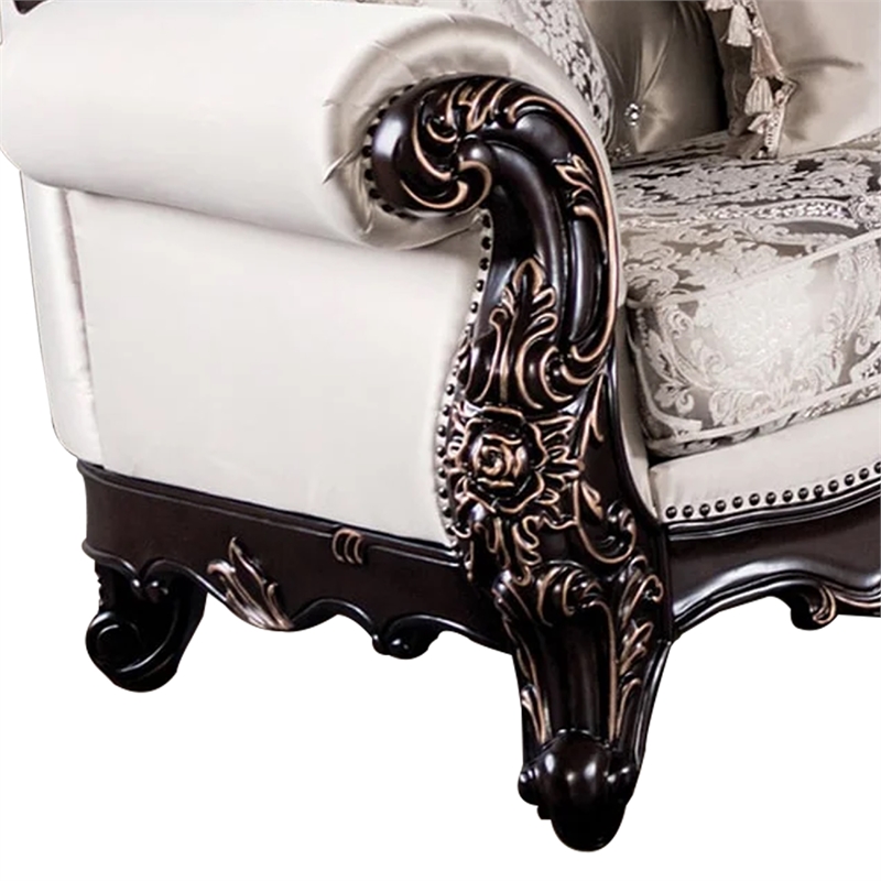 Benjara Puhi Loveseat w Accent Pillows- Beige Fabric- Ornate Carved Wood- 70