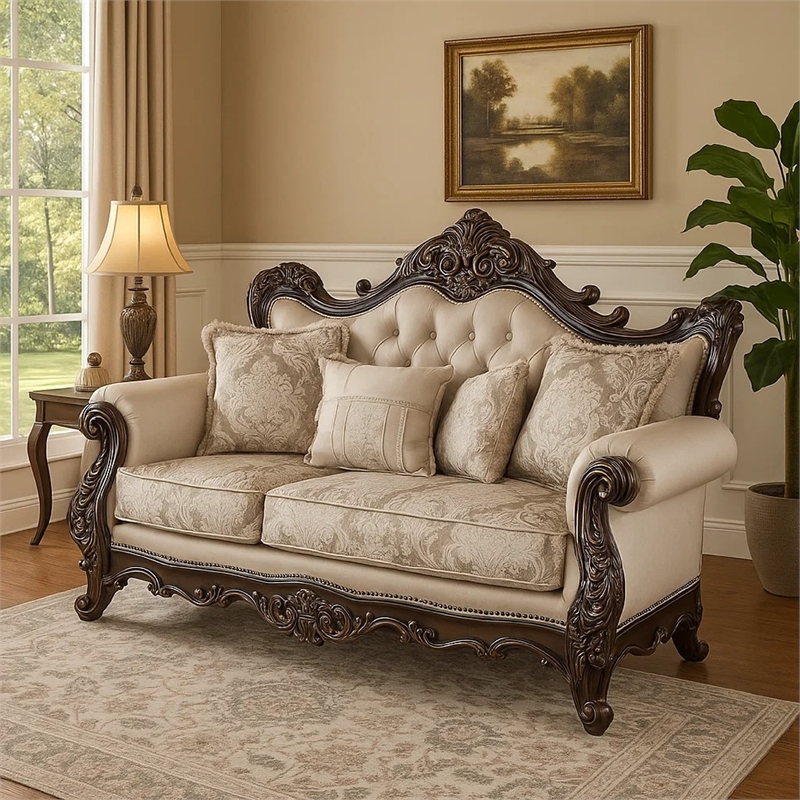 Benjara Puhi Loveseat w Accent Pillows- Beige Fabric- Ornate Carved Wood- 70
