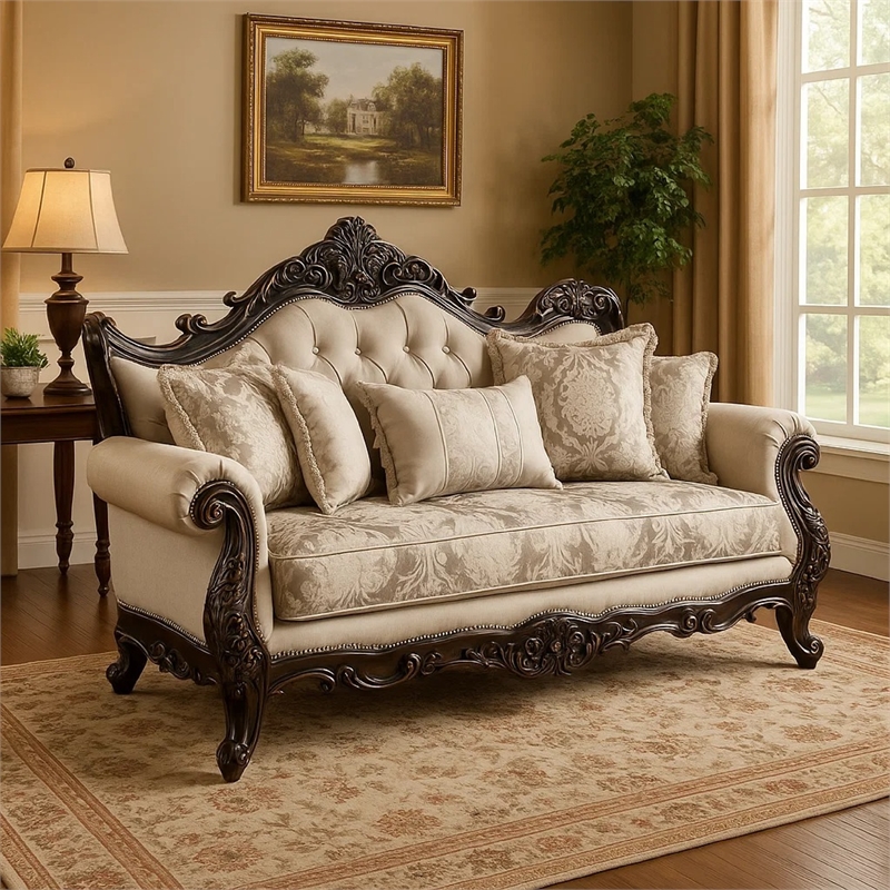 Benjara Puhi Loveseat w Accent Pillows- Beige Fabric- Ornate Carved Wood- 70
