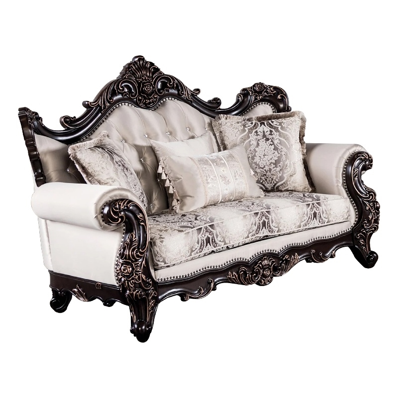 Benjara Puhi Loveseat w Accent Pillows- Beige Fabric- Ornate Carved Wood- 70