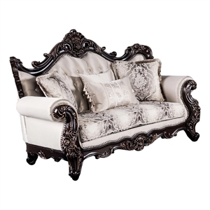 Benjara Puhi Loveseat w Accent Pillows- Beige Fabric- Ornate Carved Wood- 70&quot