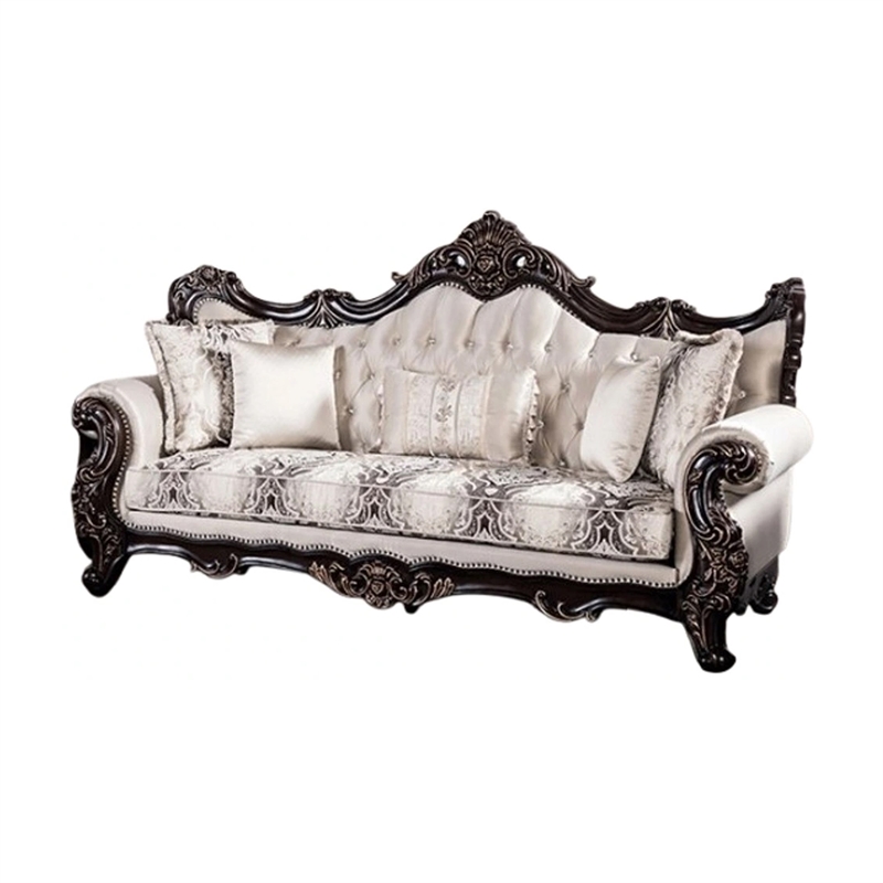 Benjara Puhi Sofa w Accent Pillows- Beige Fabric- Ornate Carved Wood- 95 Inch