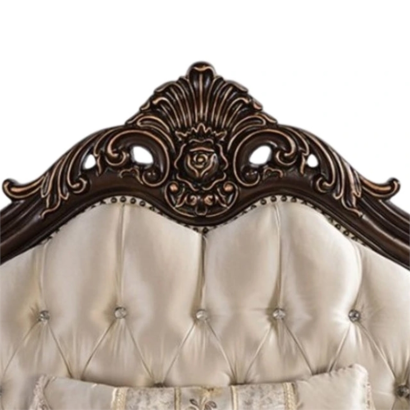 Benjara Puhi Sofa w Accent Pillows- Beige Fabric- Ornate Carved Wood- 95 Inch