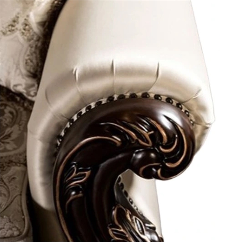 Benjara Puhi Sofa w Accent Pillows- Beige Fabric- Ornate Carved Wood- 95 Inch