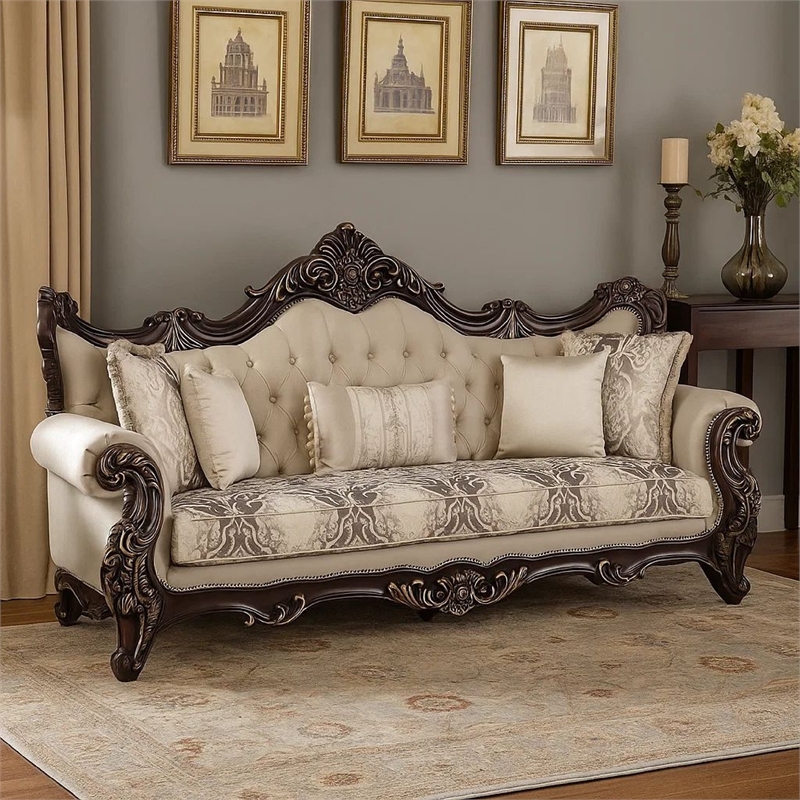 Benjara Puhi Sofa w Accent Pillows- Beige Fabric- Ornate Carved Wood- 95 Inch