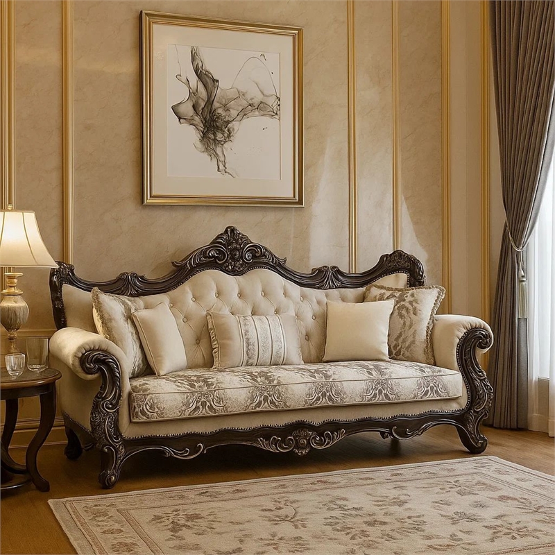 Benjara Puhi Sofa w Accent Pillows- Beige Fabric- Ornate Carved Wood- 95 Inch