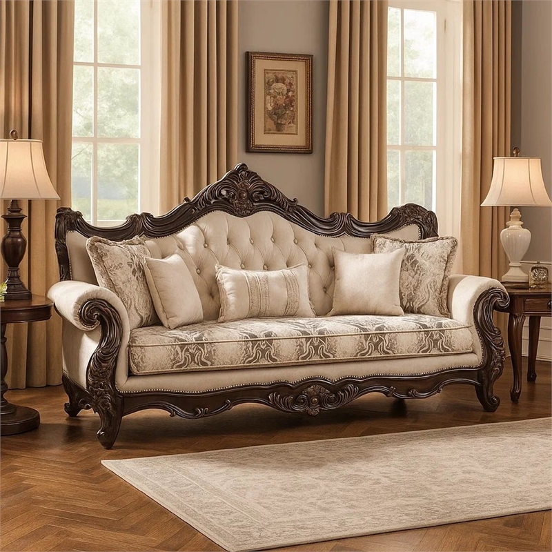 Benjara Puhi Sofa w Accent Pillows- Beige Fabric- Ornate Carved Wood- 95 Inch
