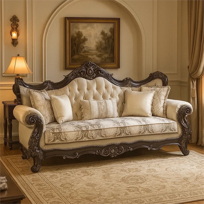 Benjara Puhi Sofa w Accent Pillows- Beige Fabric- Ornate Carved Wood- 95 Inch